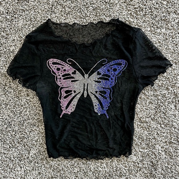 SHEIN Tops - Black Mesh Rhinestone Butterfly Crop Top